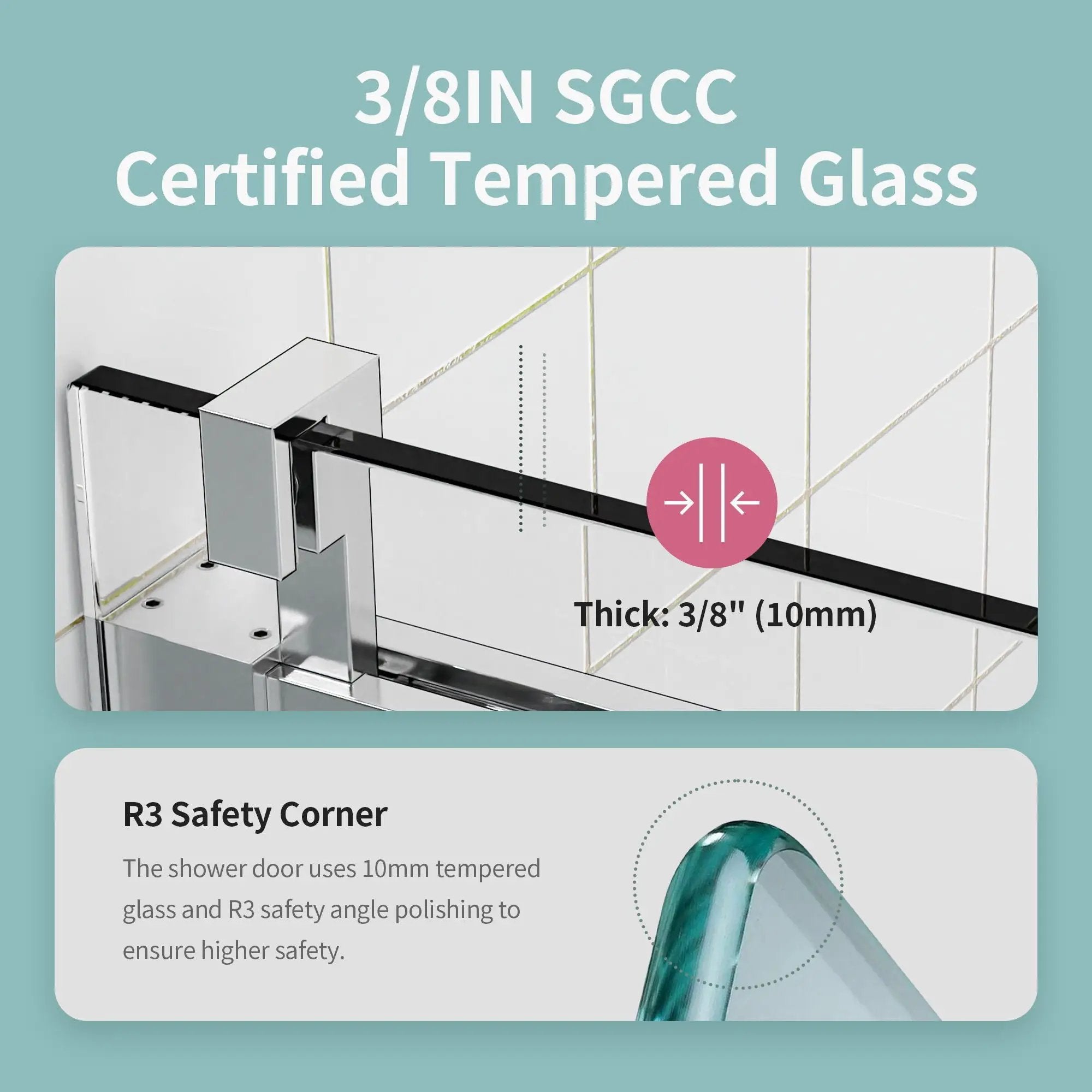 Frameless Single Sliding Soft Close Shower Doors, 3 / 8" Tempered Glass Reversible Installatio