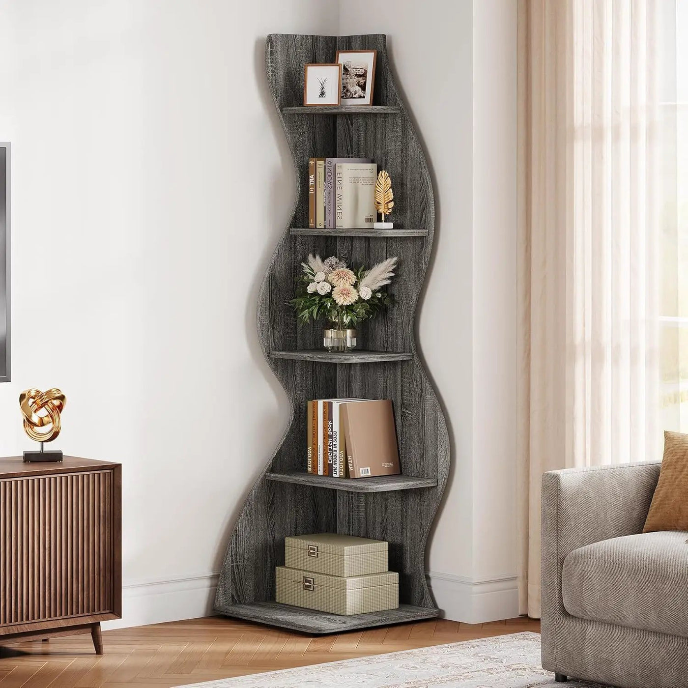 5 Tier Wavy Corner Bookshelf And Plant Stand For Living Room by HouseOfZazla