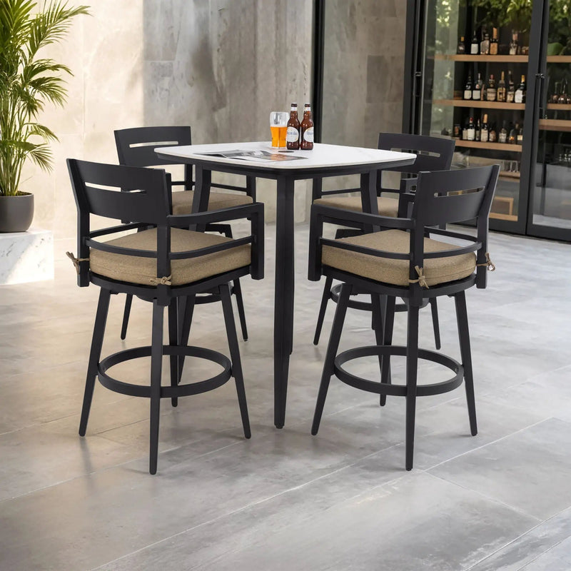 5 Pieces Outdoor Patio Bar Set, Rounded Square Sintered Stone Table & 4 Swivel Bar Chairs by HouseOfZazla