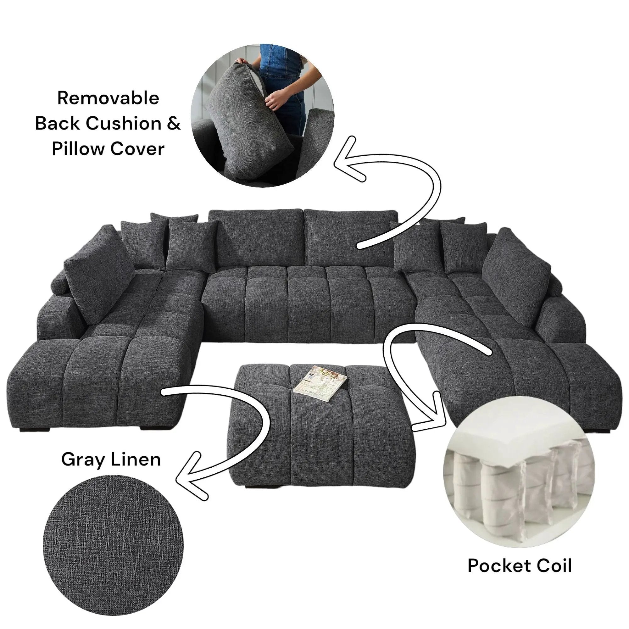 Chosen - Sectional Sofa With Toss Pillows With 2 Chaises With Ottoman - Gray by HouseOfZazla