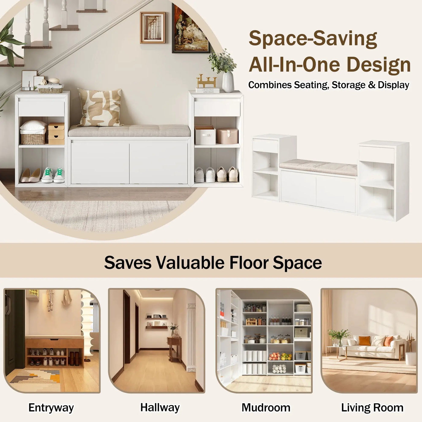 Entryway Storage Bench With Cushion, Drawers & Open Shelves by HouseOfZazla