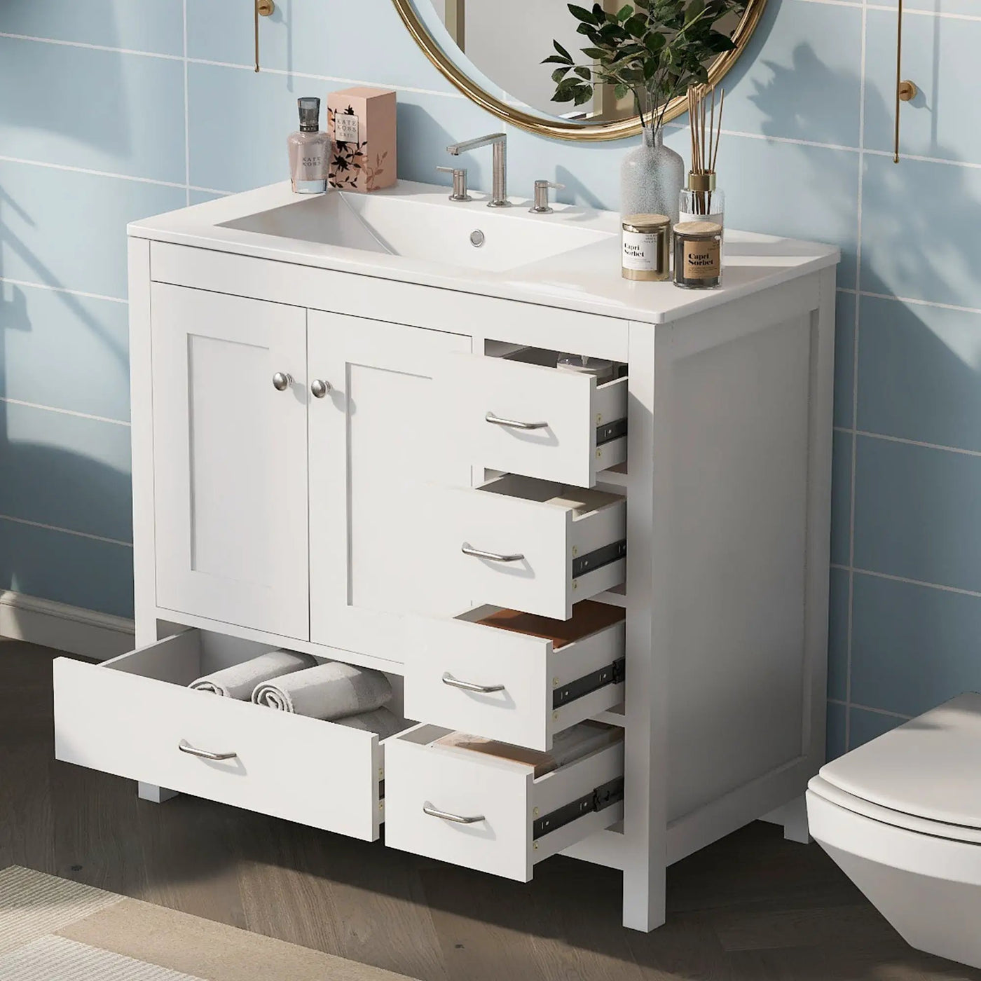 Bathroom Vanity With Ceramic Sink Combo, Abundant Storage Cabinet 2 Soft Close Doors And 5 Drawers by Unique Piece Furniture