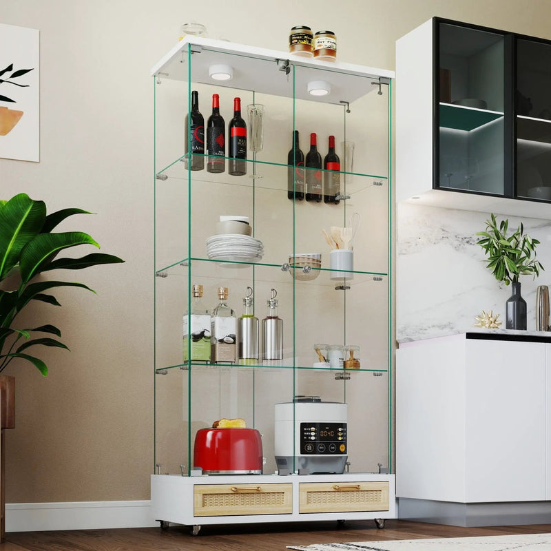 Glass Display Cabinet With LED Lights, Tempered Glass Doors, Large Drawers, 2 Door Storage Case With 4 Shelves - Natural / White by HouseOfZazla