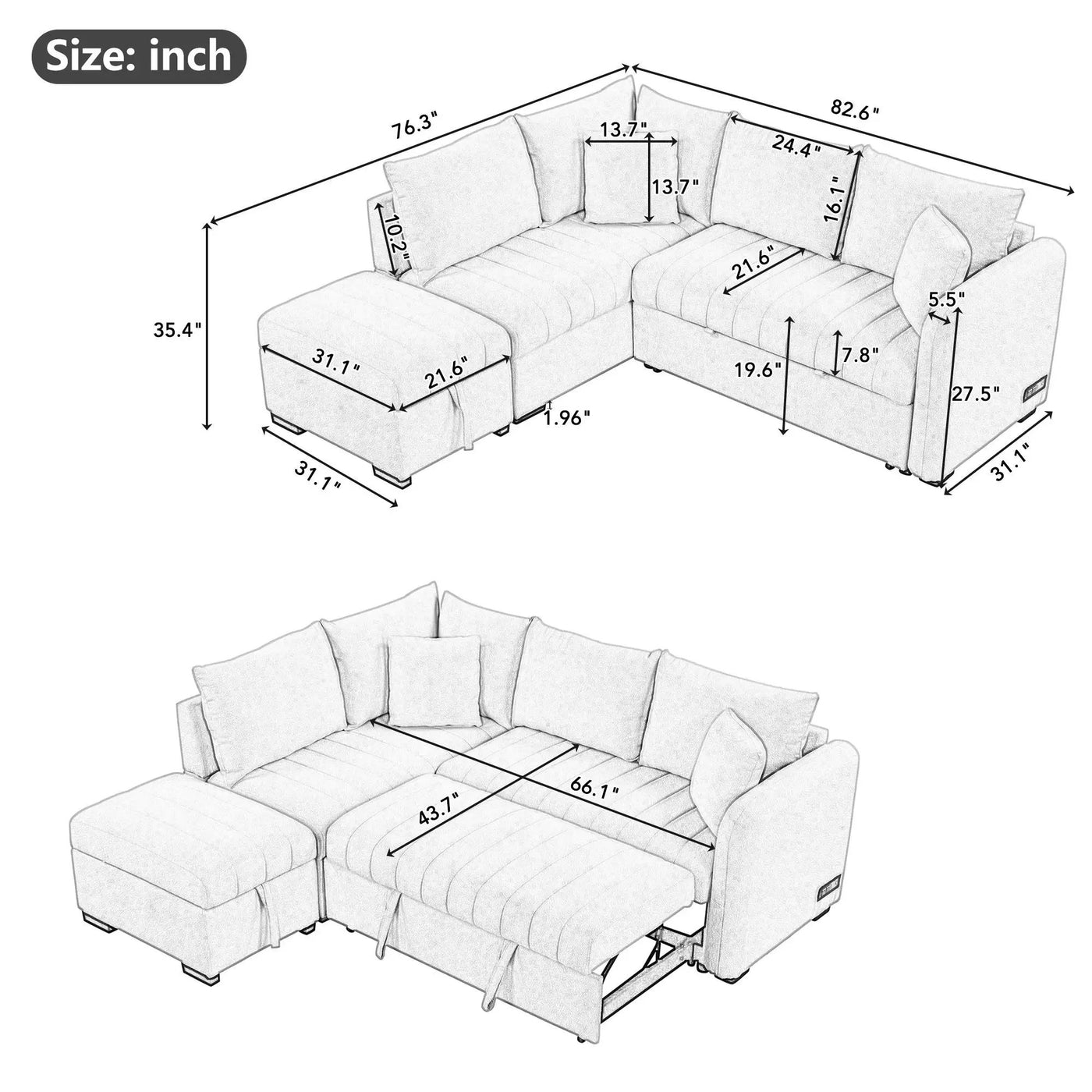 L-Shaped Sectional Pull Out Sofa Bed Sleeper Sofa With Two USB Ports, Two Power Sockets And A Movable Storage Ottoman by HouseOfZazla
