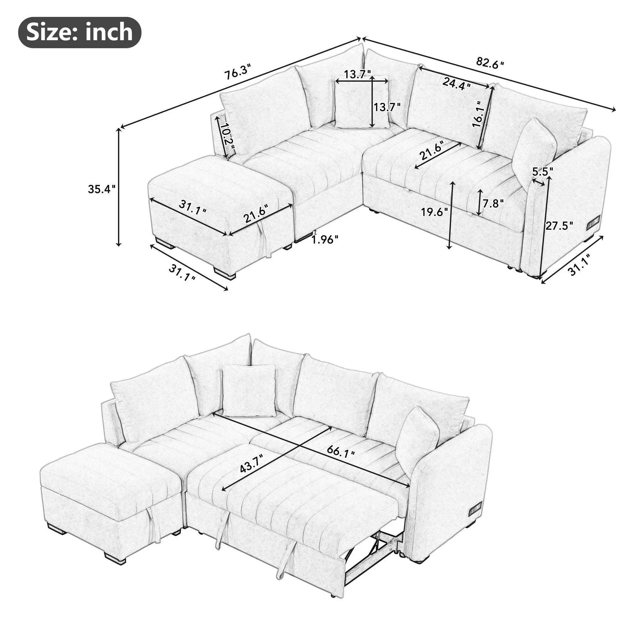 L-Shaped Sectional Pull Out Sofa Bed Sleeper Sofa With Two USB Ports, Two Power Sockets And A Movable Storage Ottoman by HouseOfZazla