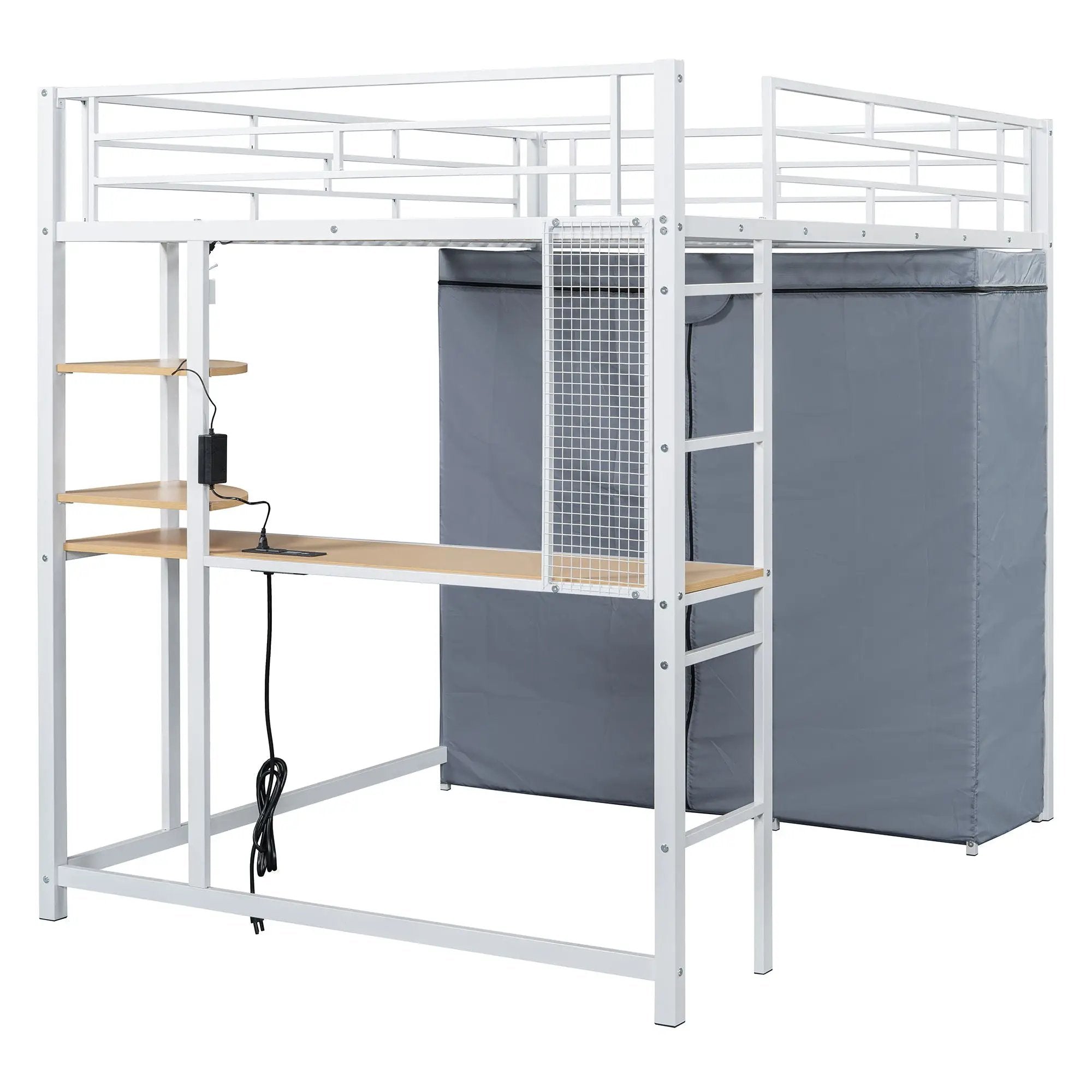 Loft Bed With Desk, Shelves, Power Outlet, LED Light And Wardrobe by HouseOfZazla