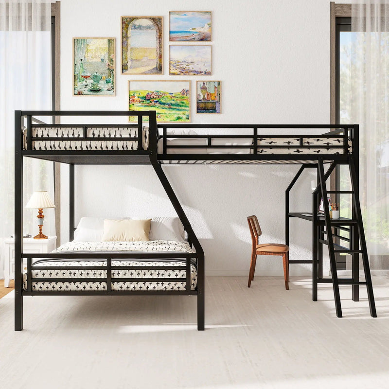 Twin Over Full Bunk Bed With Loft And Desk, L-Shaped Design For 3 Sleepers - Black by HouseOfZazla