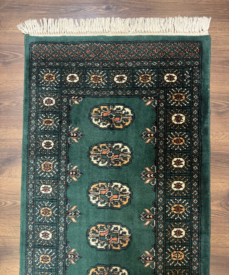 Pakistani Bokhara Runner Rug 2.5 x 11, Green Turkoman Wool Runner for Hallway by Jewel Rugs