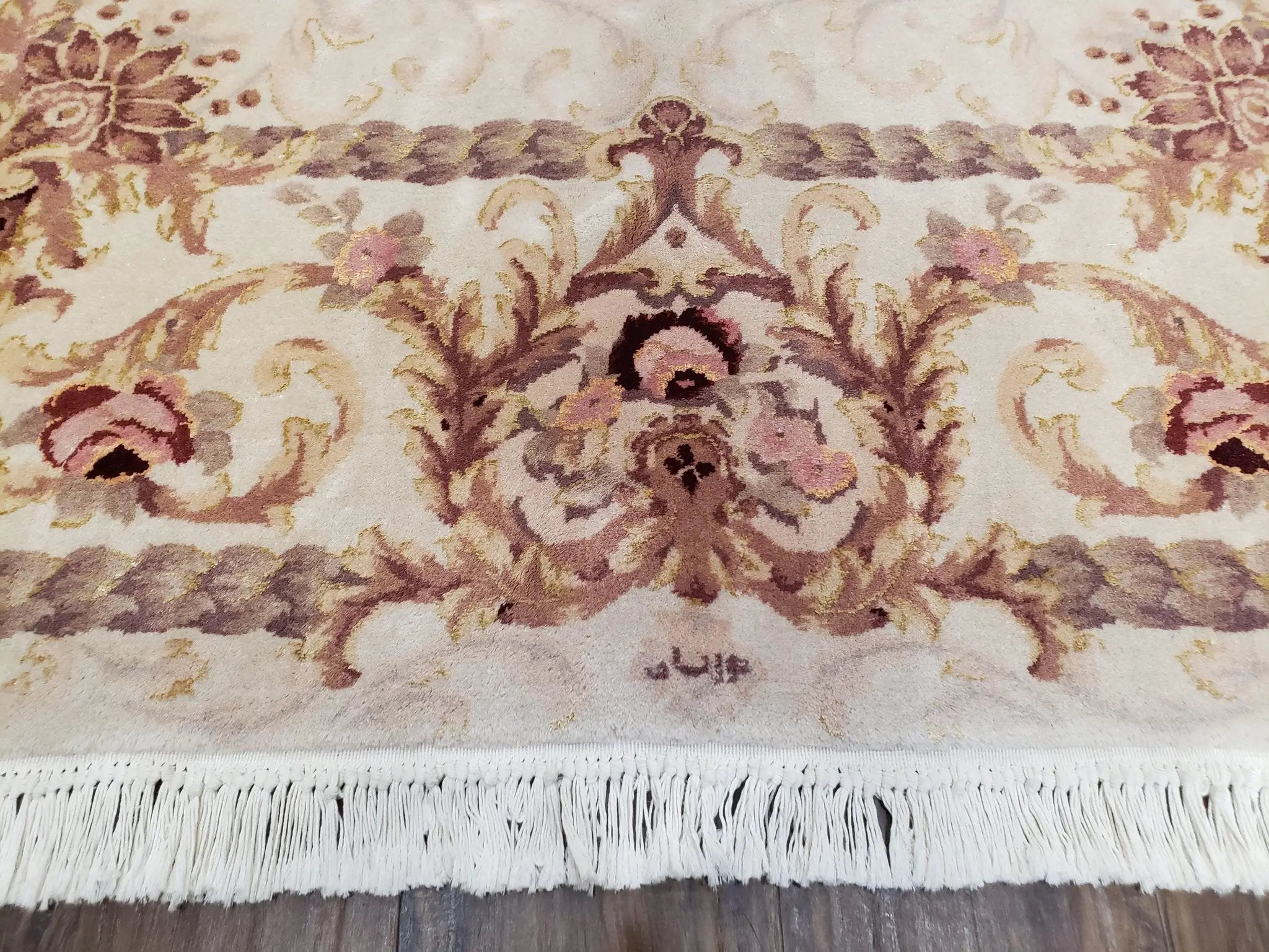Vintage Ivory Chinese Aubusson Area Rug 6x9, Wool & Silk, Hand-Knotted 120 Line Fine Rug, European Design Carpet, 6 x 9 Master Signature Rug by Jewel Rugs