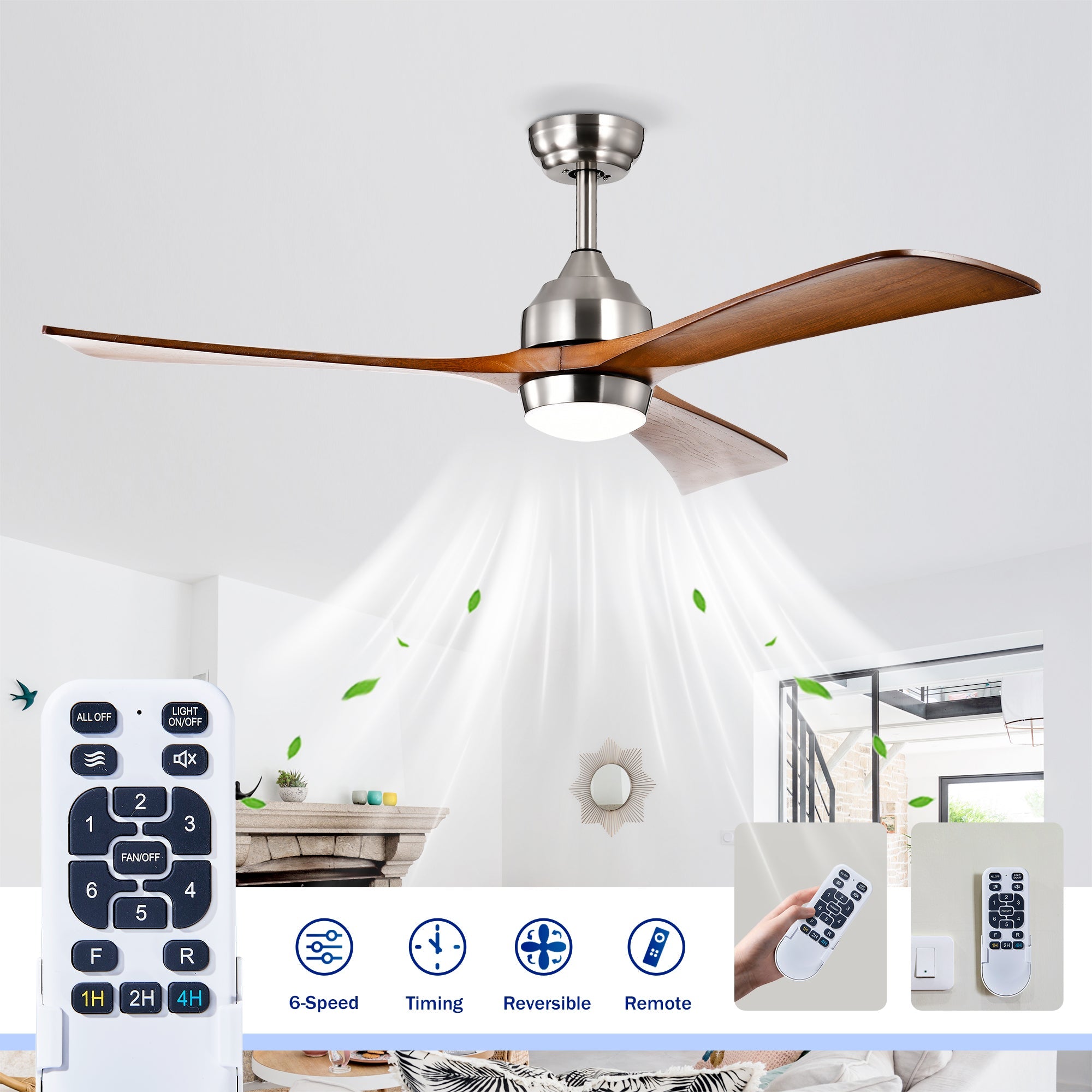 52" Solid Wood Blades Ceiling Fan with Lights and Remote Control by HouseOfZazla