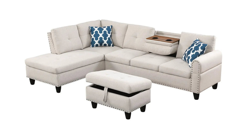 Alger - Wide Left Hand Facing Sofa & Chaise With Ottoman - Beige by Unique Piece Furniture