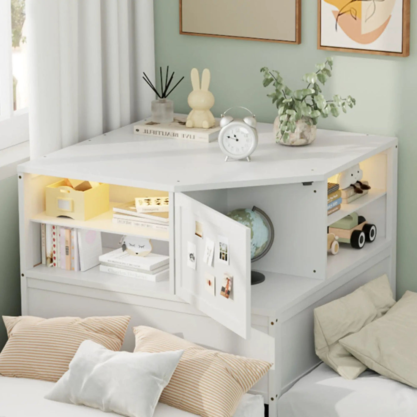 L-Shaped Bed Frame With Trundle, Built In Desk & LED Lighting by HouseOfZazla