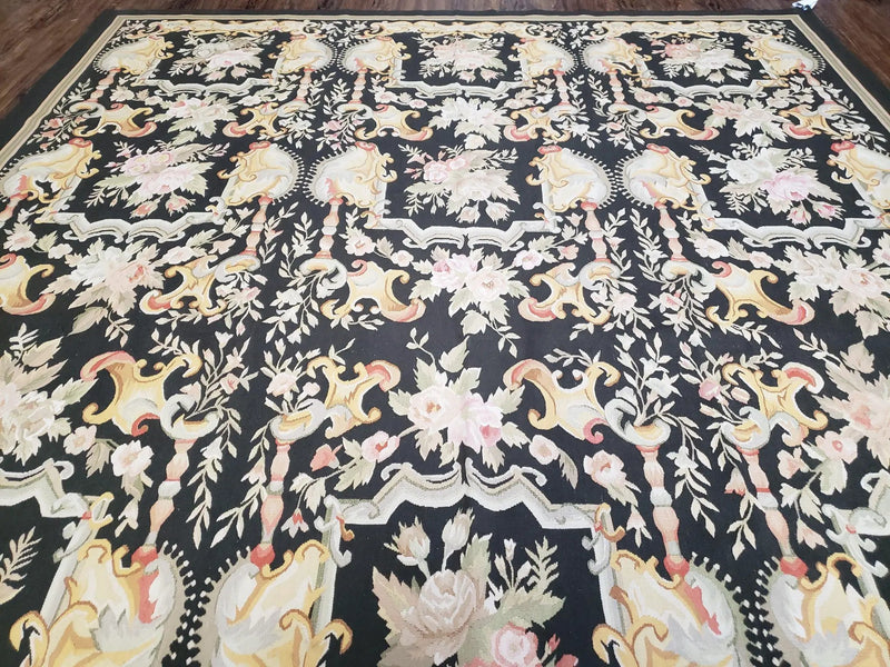 Vintage Black Aubusson Area Rug 8x10, Large Flowers Chinese Aubusson Carpet 7.9 x 10, Wool Hand-Knotted Floral Pattern Flat Weave Rug Nice by Jewel Rugs