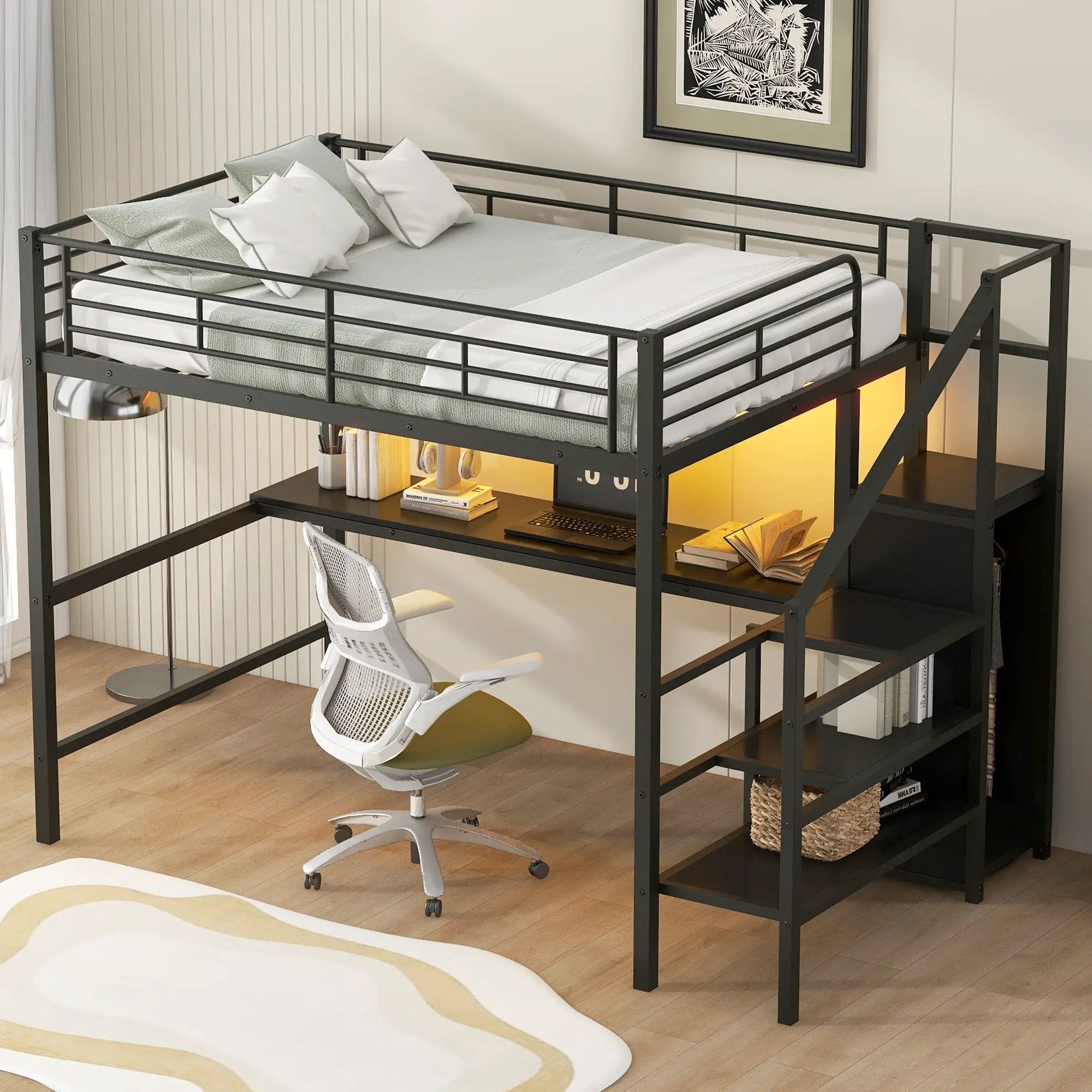 Full Size Loft Bed With Desk, Storage Staircase, Small Wardrobe And LED Light - Black by Unique Piece Furniture