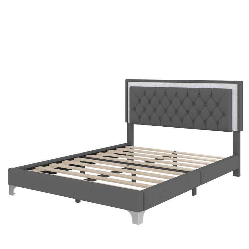 3-Pieces Bedroom Set, Queen Size Upholstered Platform Bed with LED Lights and Two Nightstands - Gray by HouseOfZazla