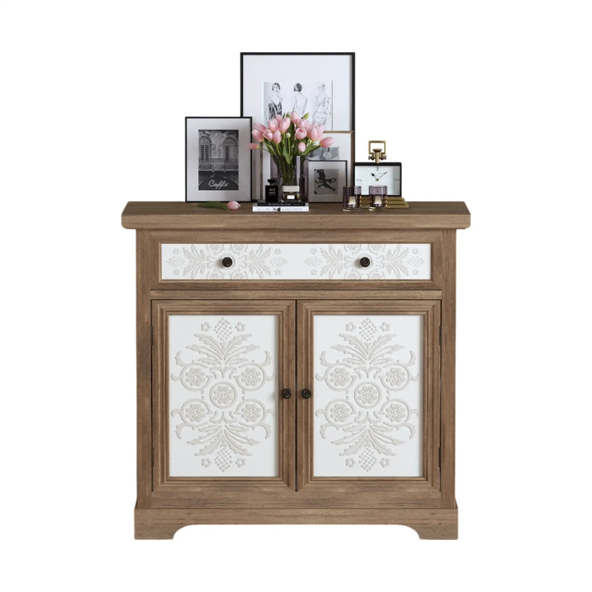 Accent Cabinet With Carved Floral Panels, Sideboard With Drawer And Double Doors - Antique Brown / White by HouseOfZazla