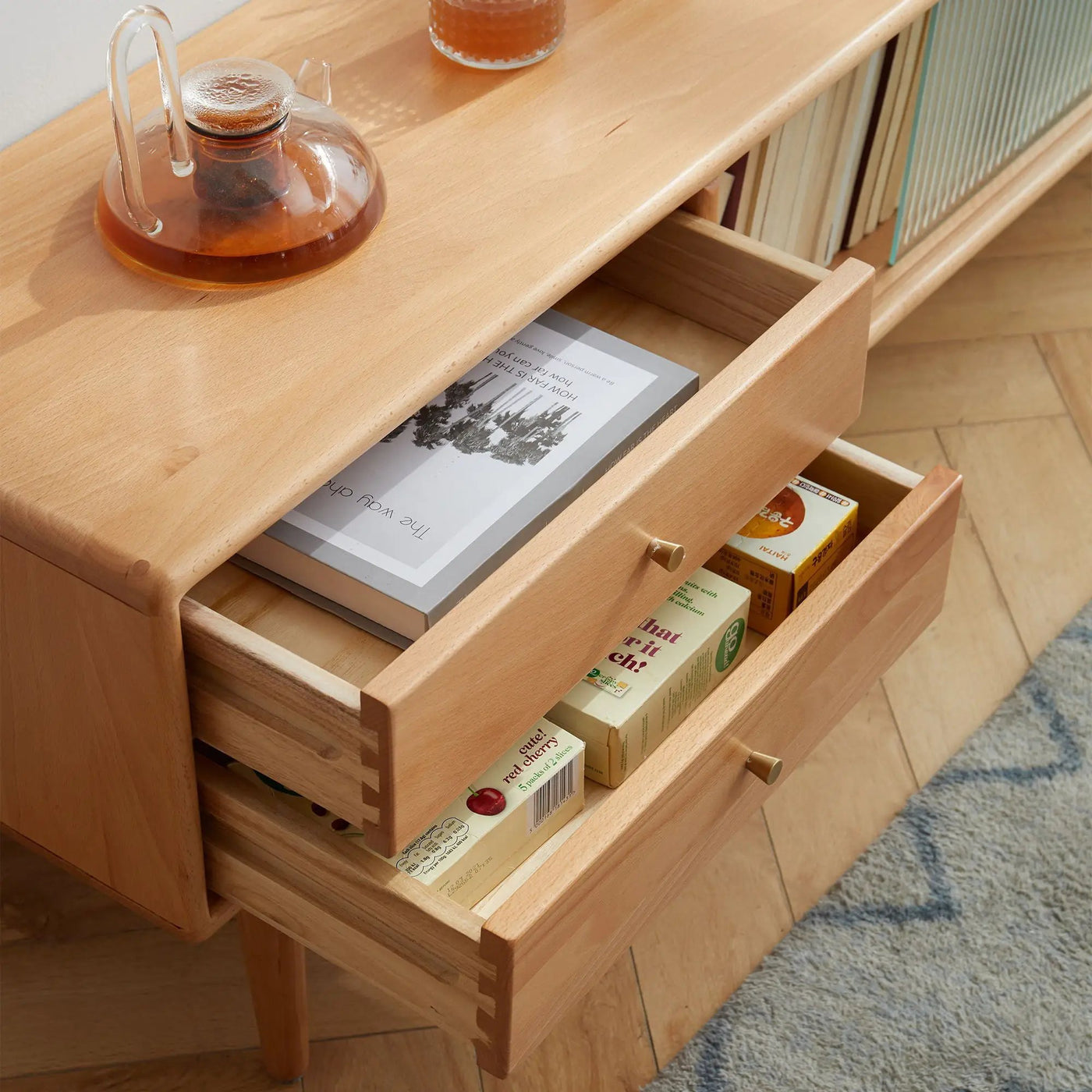 TV Cabinet With Chinese Changhong Glass Doors, Two Drawer Storage Space TV Standing by Unique Piece Furniture