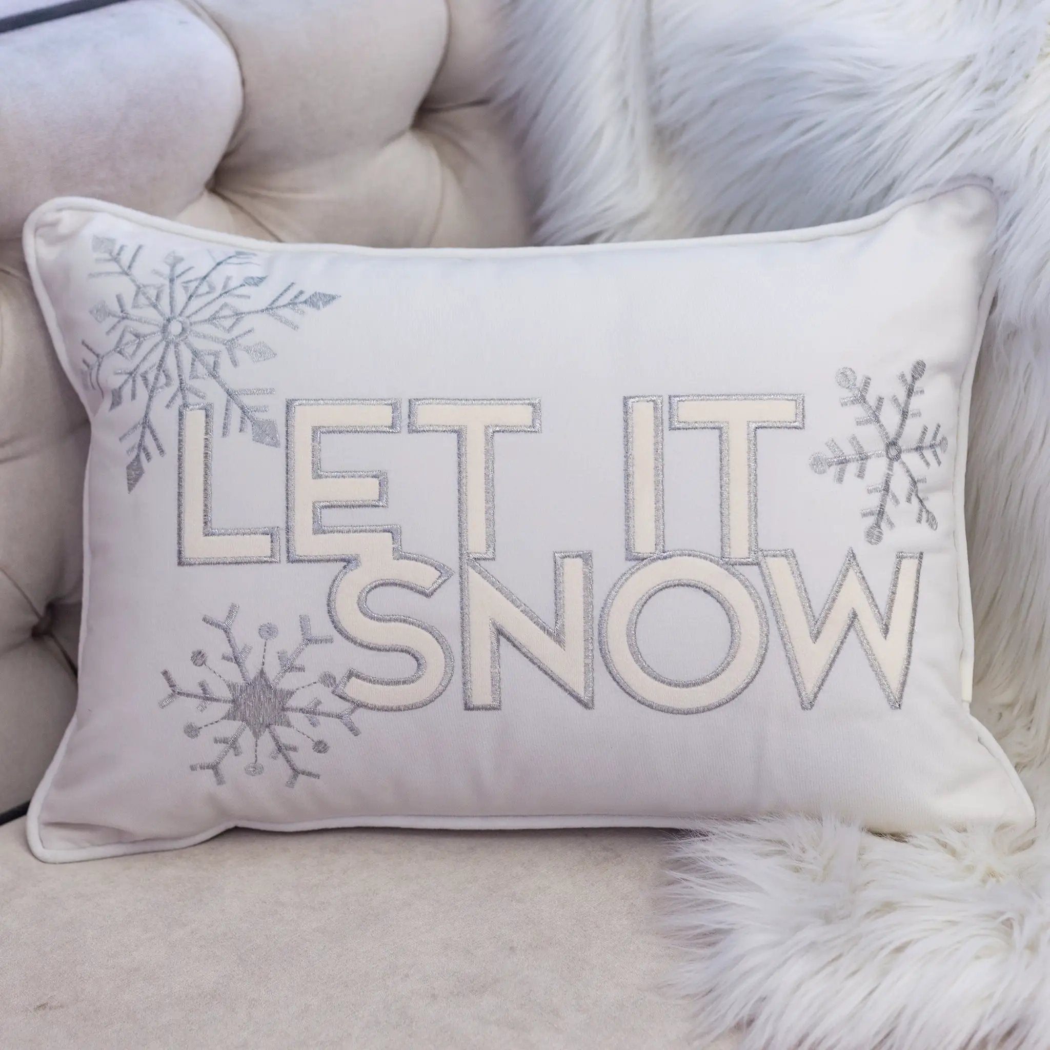 Nneka Let It Snow Ivory Velvet Lumbar Pillow with Insert 14x20 by HouseOfZazla