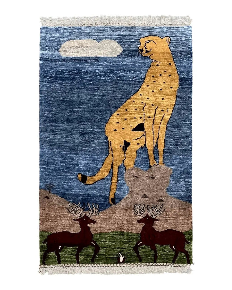 3 x 5 Handmade New Vintage Wool Blue Rug Leopard Lion Jaguar Deer Organic Dyes by Jewel Rugs