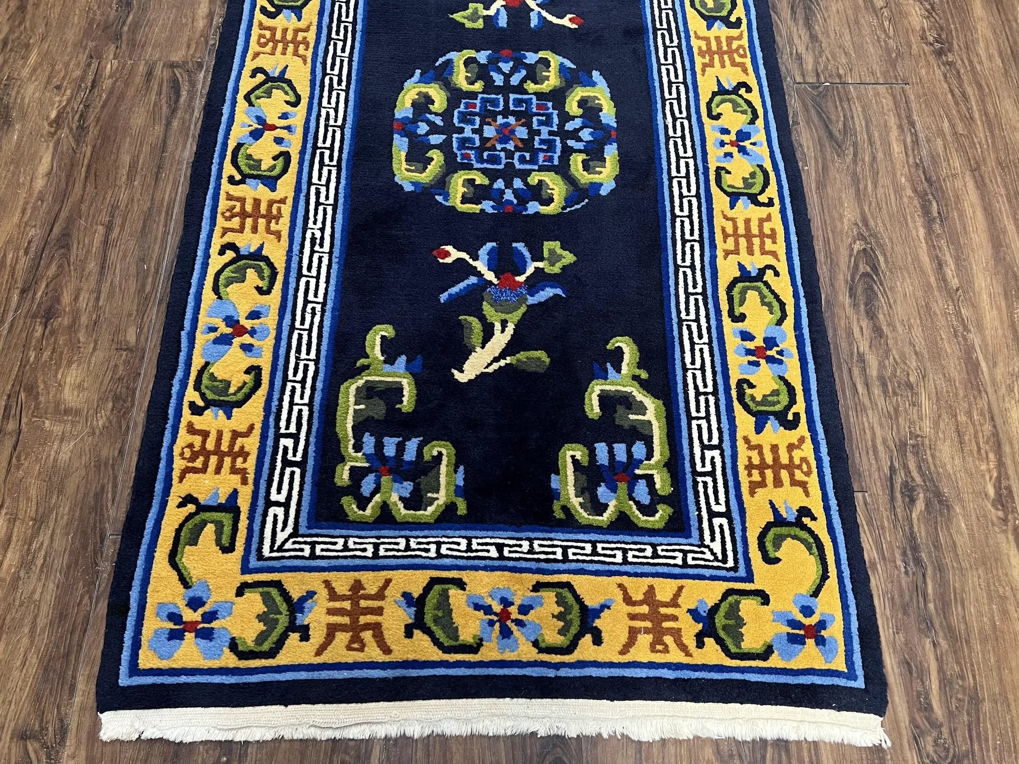 Chinese Art Deco Rug 3 x 5.9, Handmade Chinese Peking Carpet, Dark Blue and Gold, Medallion, Asian Oriental 3x6 Hand Knotted Vintage Rug by Jewel Rugs