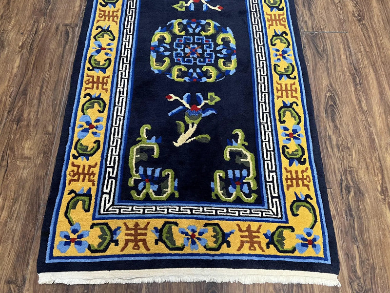 Chinese Art Deco Rug 3 x 5.9, Handmade Chinese Peking Carpet, Dark Blue and Gold, Medallion, Asian Oriental 3x6 Hand Knotted Vintage Rug by Jewel Rugs