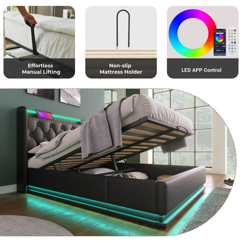 Upholstered Bed, 360 Surround LED Function, Remote Control, Hydraulic Storage Bed With USB, Type-C Charging (Without Mattress) by HouseOfZazla