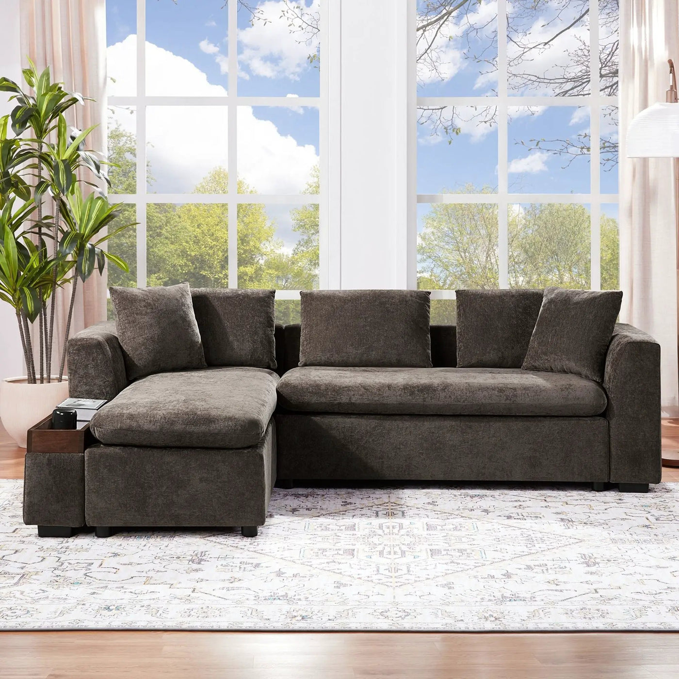 Modern L Shaped Sectional Sofa With Upholstery And Wooden Storage by Unique Piece Furniture