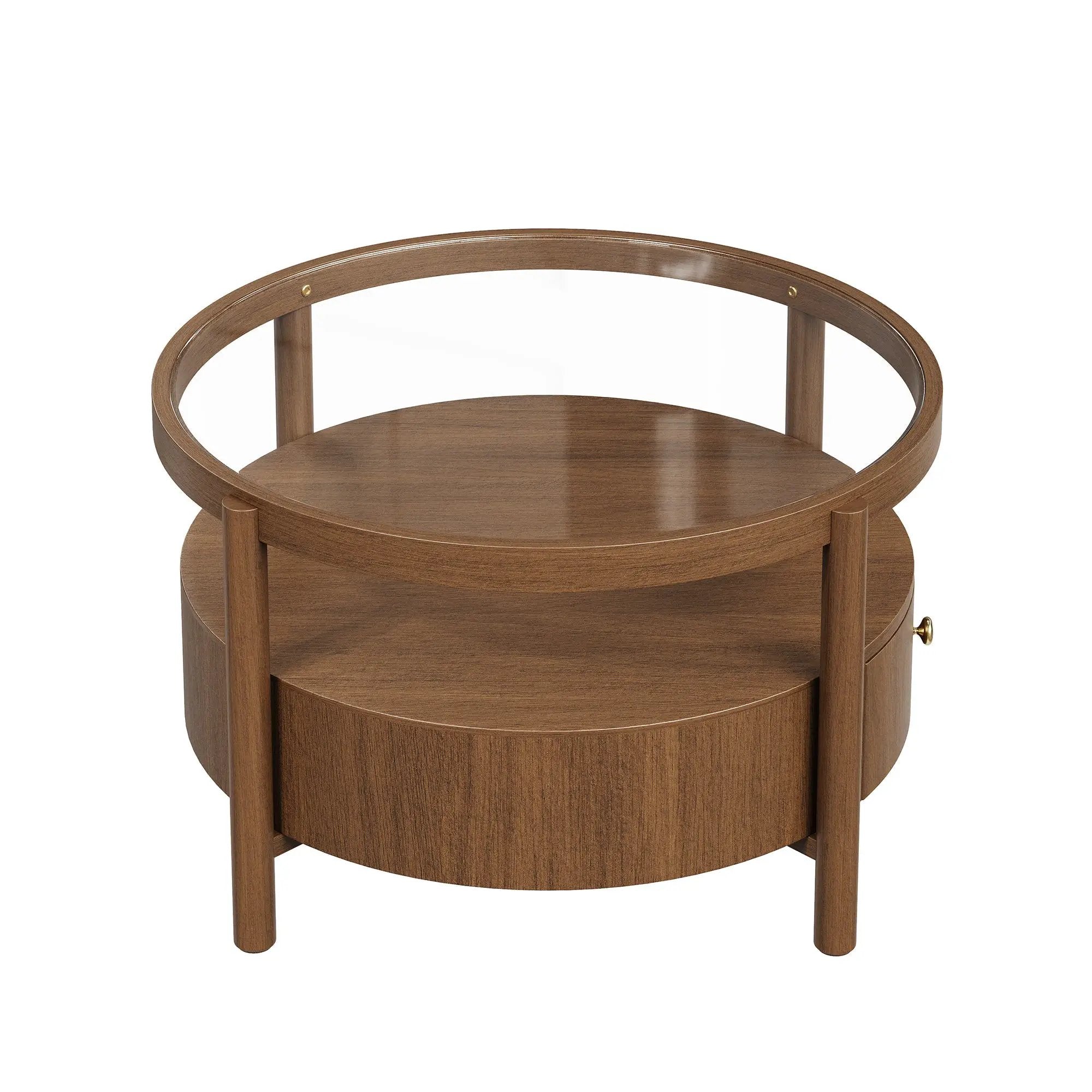 Solid Wood Round Glass Top Coffee Table with Storage Drawer by HouseOfZazla