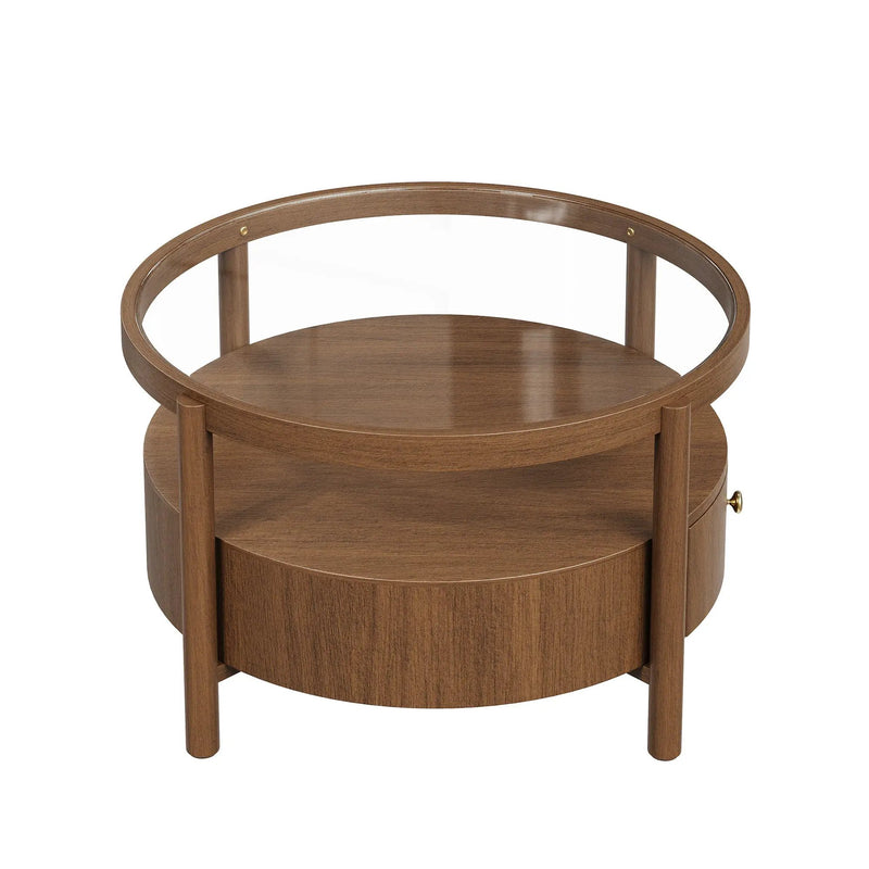 Solid Wood Round Glass Top Coffee Table with Storage Drawer by HouseOfZazla