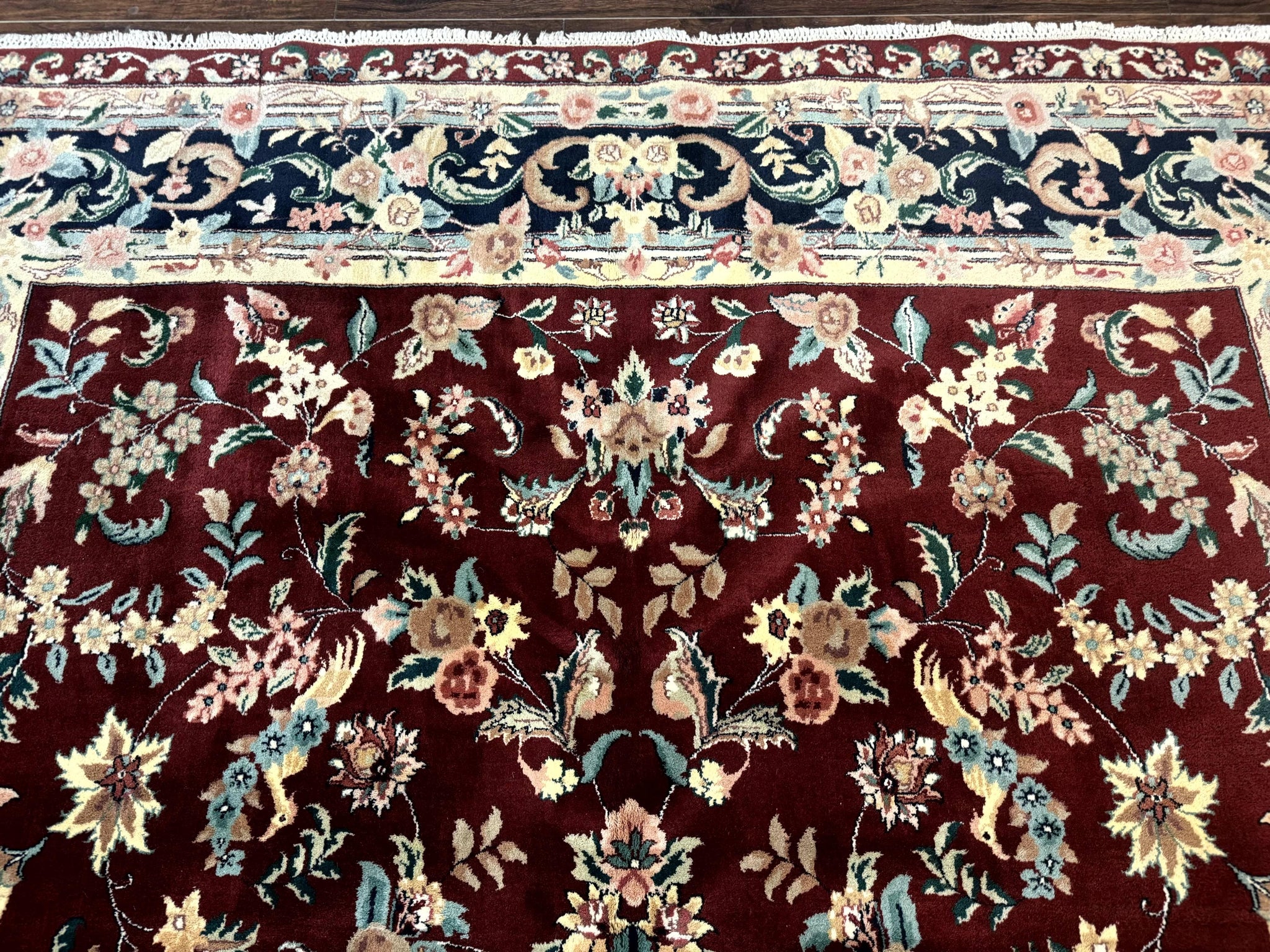 Indo Persian Rug 8x10, Floral Allover with Bird Pictorials, Maroon and Navy Blue, Handmade Wool Area Rug by Jewel Rugs