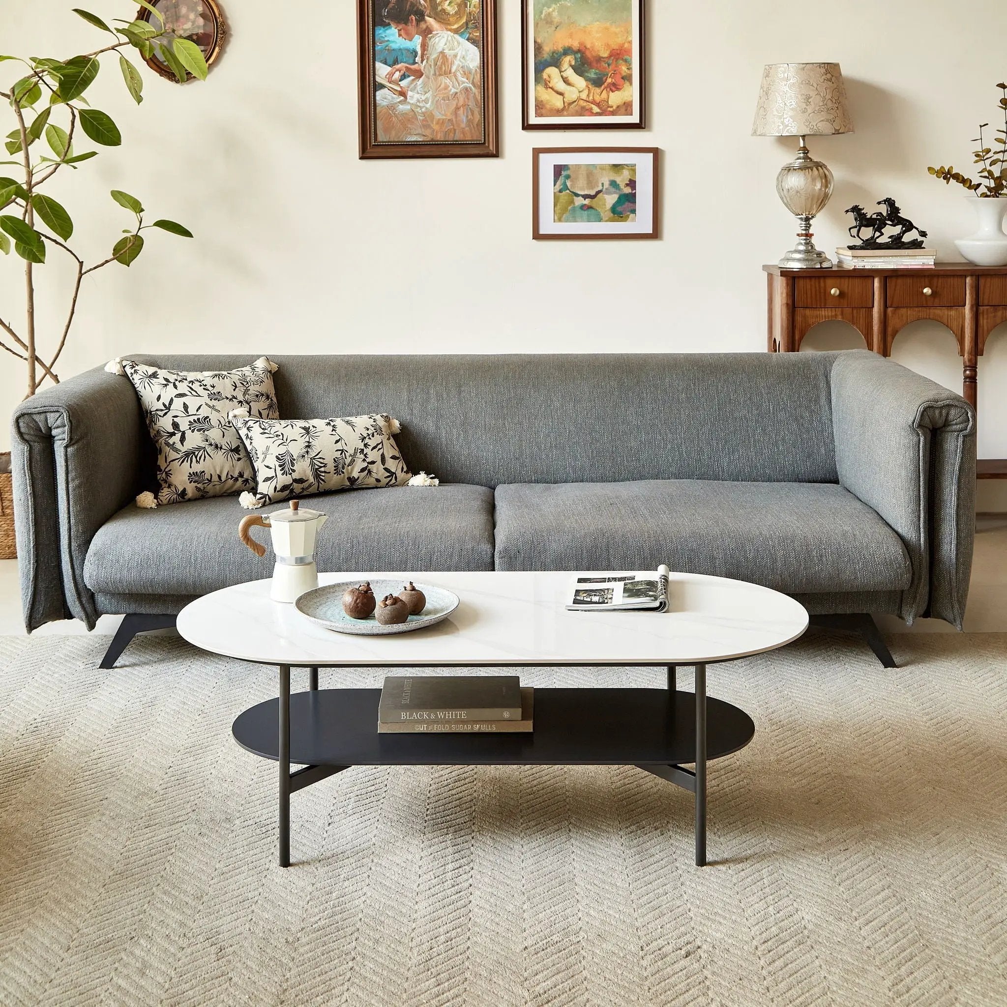 Contemporary Coffee Table Sintered Stone Surface With Ceramic Finish Double Layer Design Base Matte Shelf Modern Living Room Center Table - White / Gray by HouseOfZazla