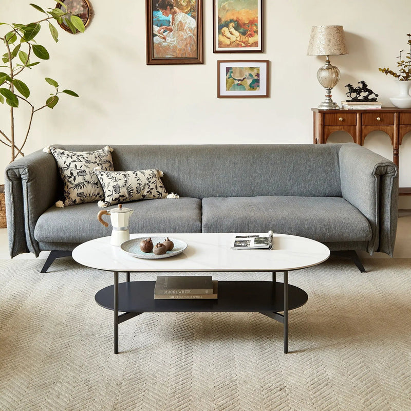 Contemporary Coffee Table Sintered Stone Surface With Ceramic Finish Double Layer Design Base Matte Shelf Modern Living Room Center Table - White / Gray by HouseOfZazla