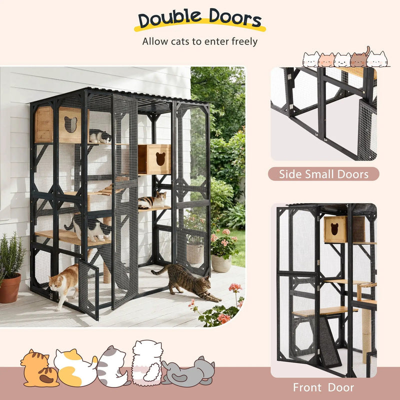 Outdoor Cat Enclosure With Sleeping Houses, Jumping Platforms, Scratching Post by HouseOfZazla