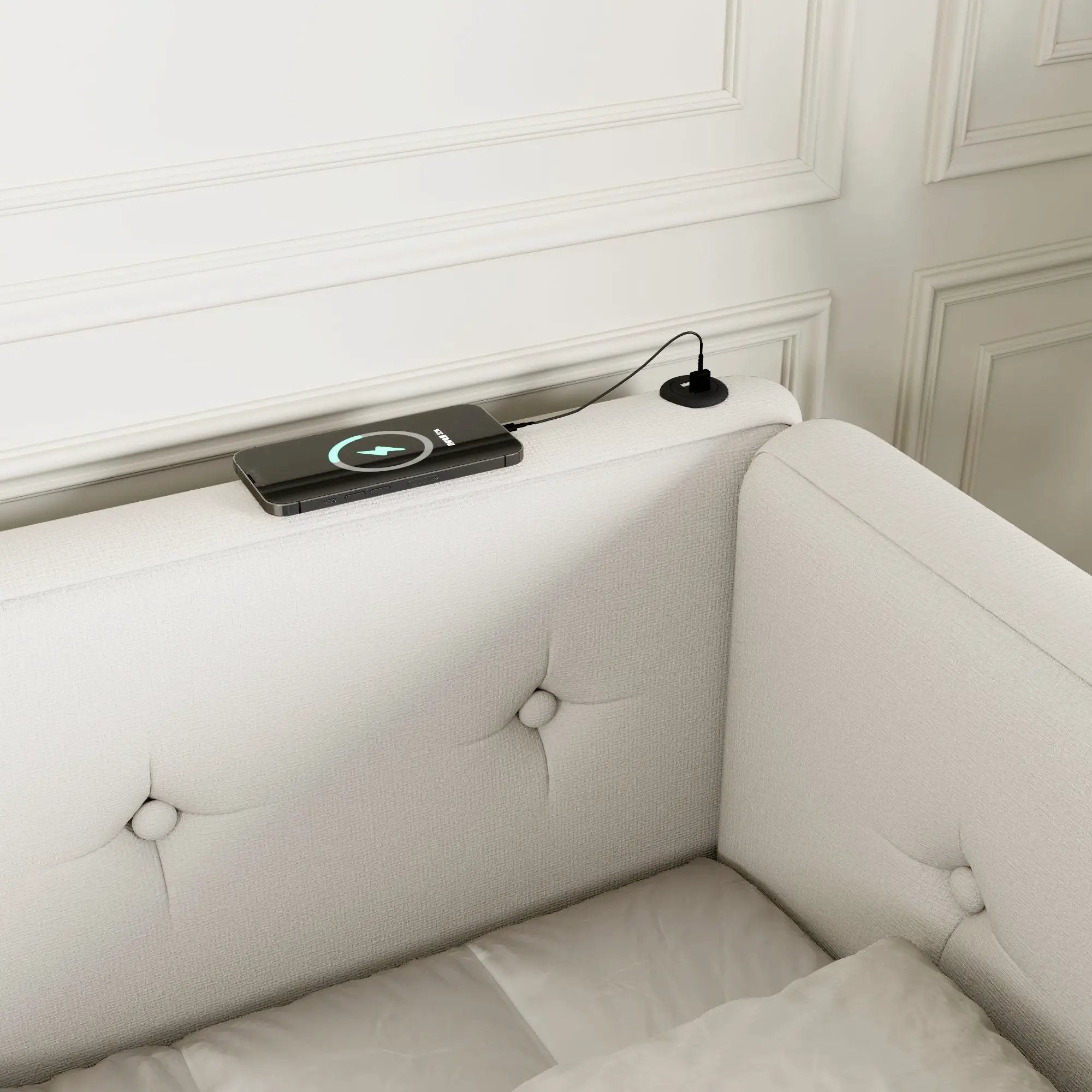 Modern Upholstered Platform Bed With USB Ports And LED Belt