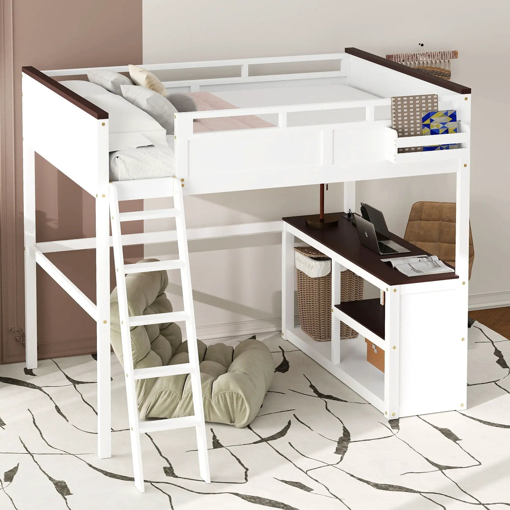 Queen Size Loft Bed With Desk, Open Shelf, Storage Box And USB Charging Station - White by Unique Piece Furniture