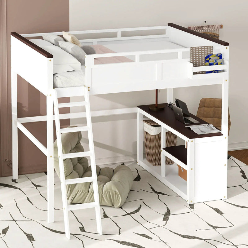 Queen Size Loft Bed With Desk, Open Shelf, Storage Box And USB Charging Station - White by Unique Piece Furniture
