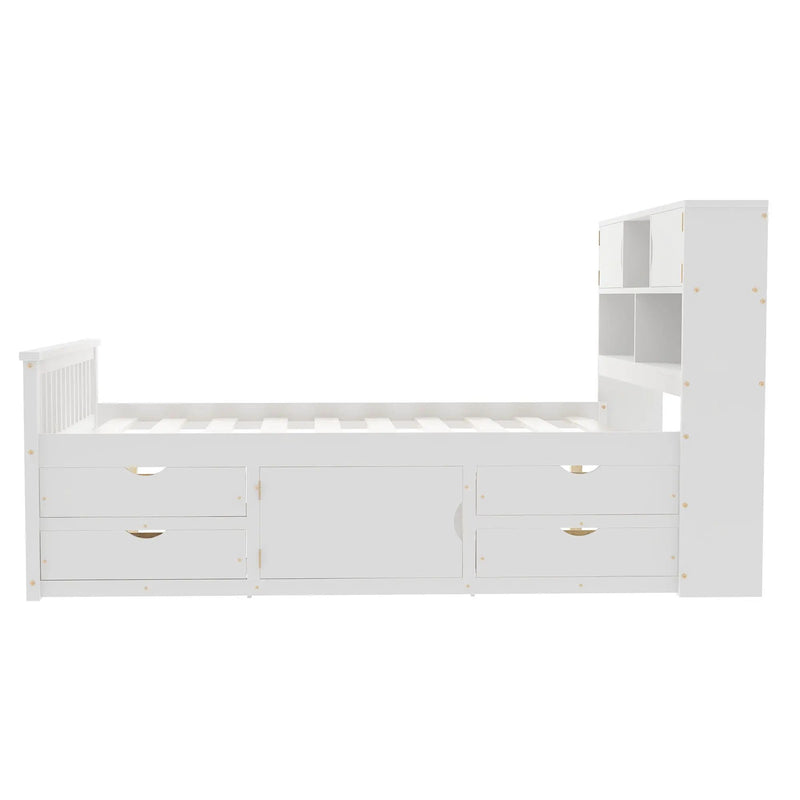 Captain Platform Bed Frame With Bookcase Headboard, 4 Drawers, Storage Shelves by HouseOfZazla