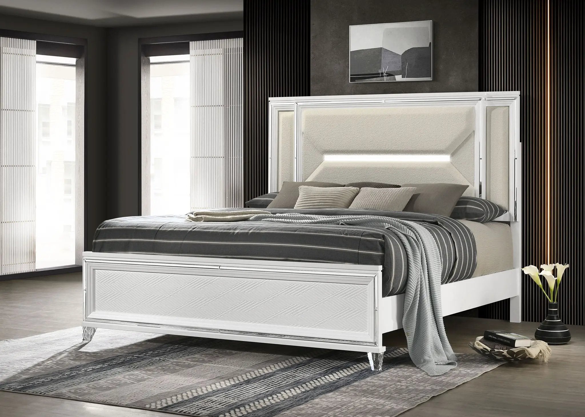 Marmore 64-inch Eastern King Panel Bed LED Headboard White by Unique Piece Furniture
