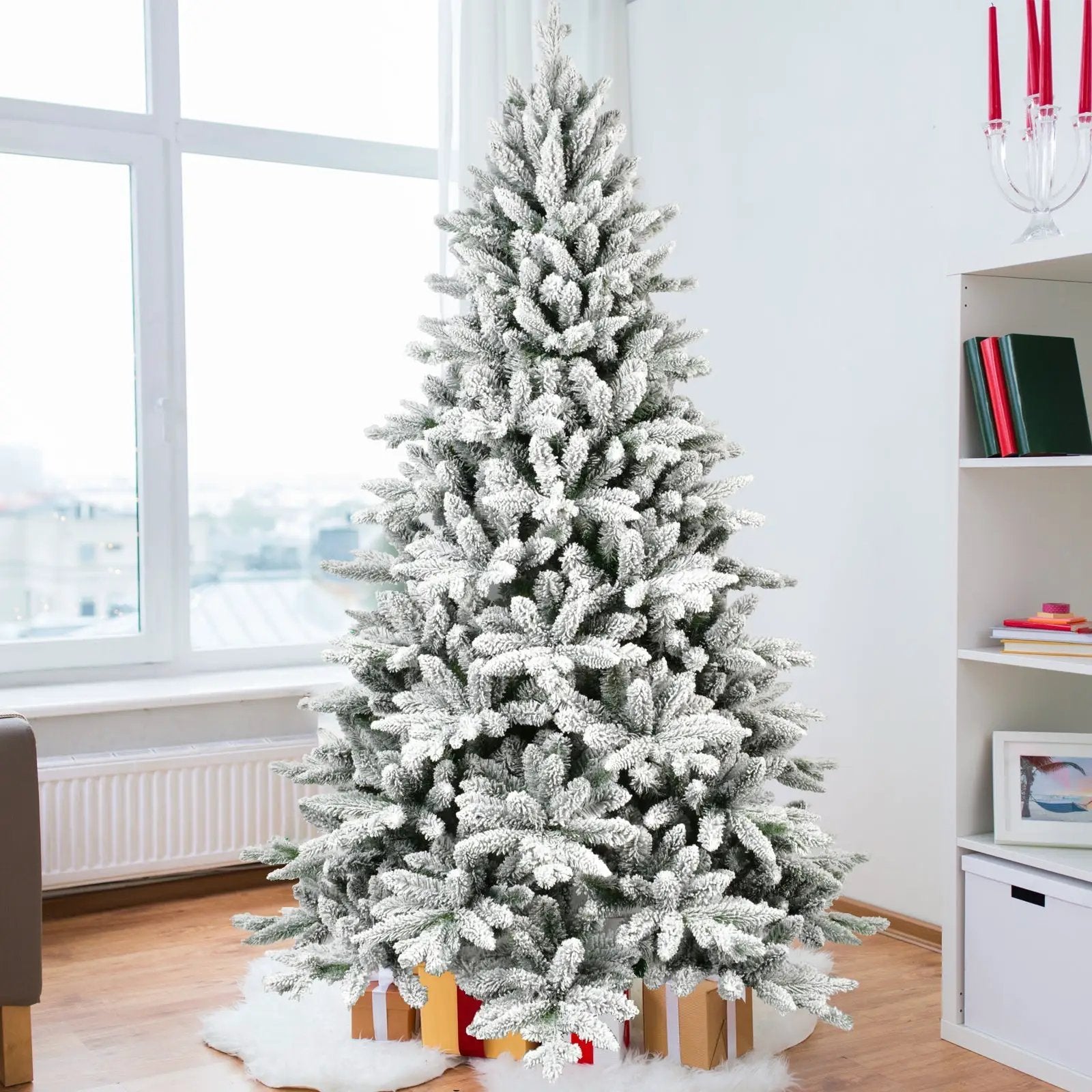 6ft Snow-Flocked Pre-Lit Christmas Tree with 1100 PE+PVC Tips by HouseOfZazla