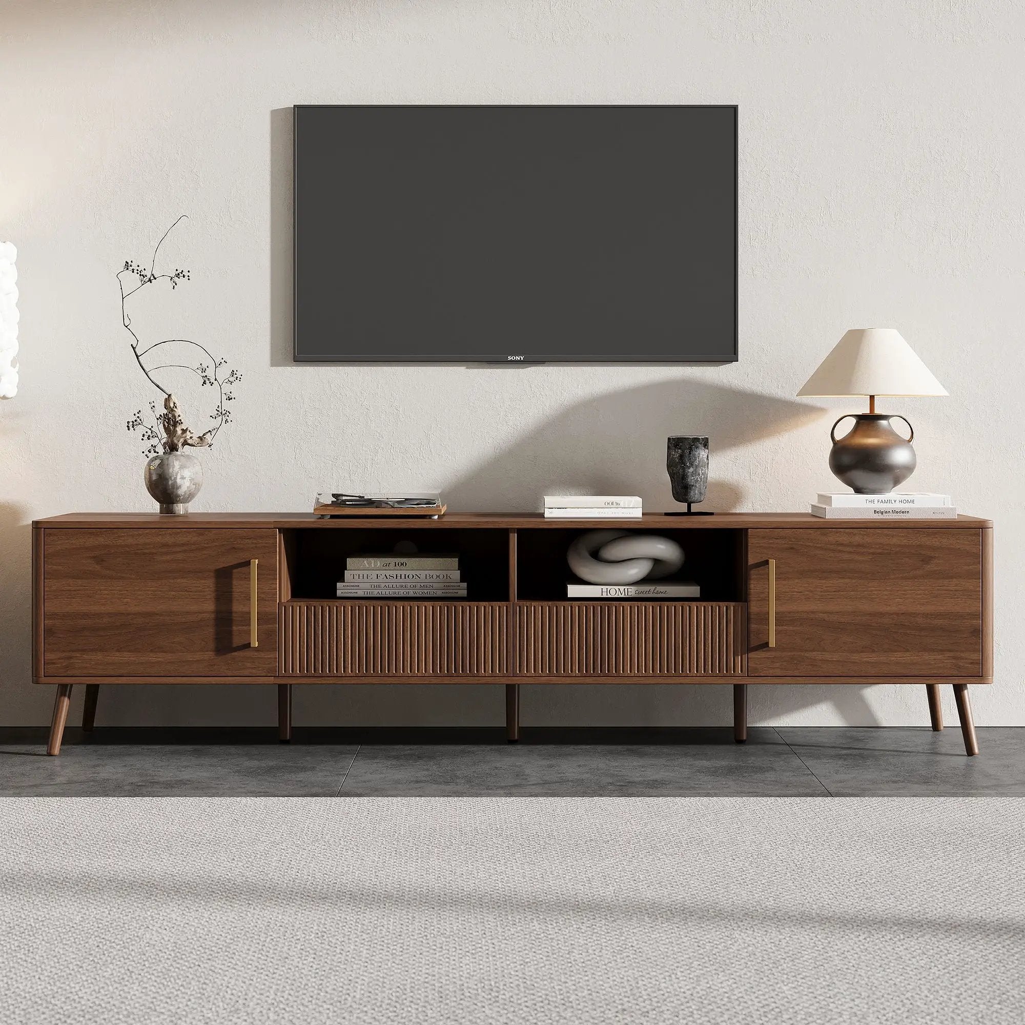 TV Stand For TVs Up To 85" With Soft-Close Doors, Open Shelf, Cable Management - Walnut by Unique Piece Furniture