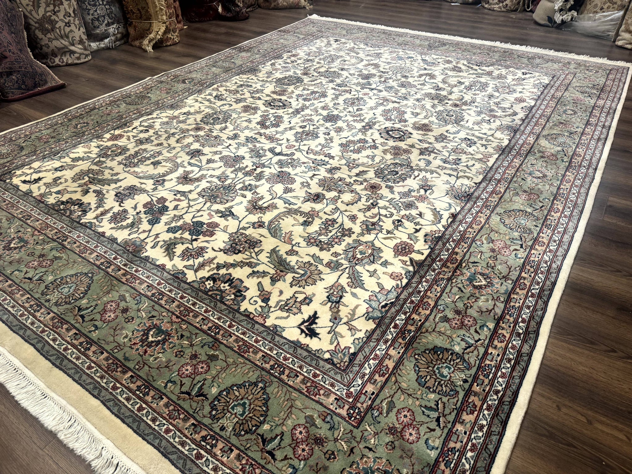 Indo Persian Rug 9x12, Allover Floral Pattern, Ivory & Green, Traditional Oriental Carpet by Jewel Rugs
