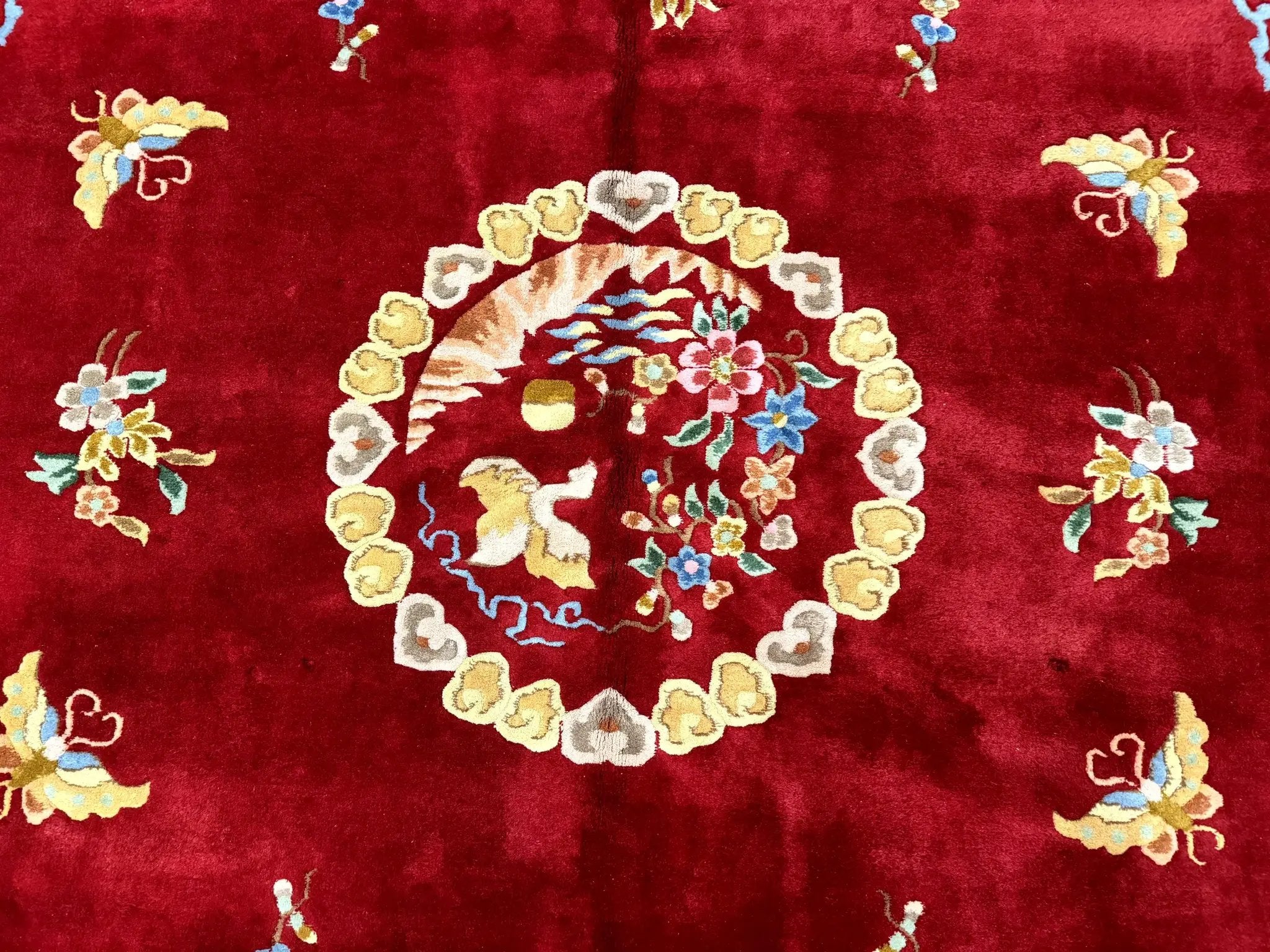 Indo Chinese Wool Rug 9x12, Red Art Deco Carpet, Vintage by Jewel Rugs