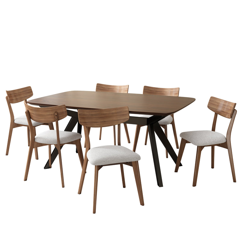7-Pieces Upholstered Dining Set With Rubberwood Frame, Light Beige + Walnut + Black by HouseOfZazla