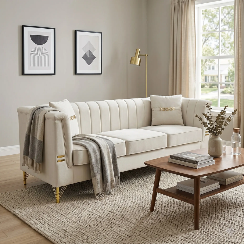 FX-P82-BE3 Modern Velvet 3-Seater Chesterfield Sofa with 2 Pillows by HouseOfZazla