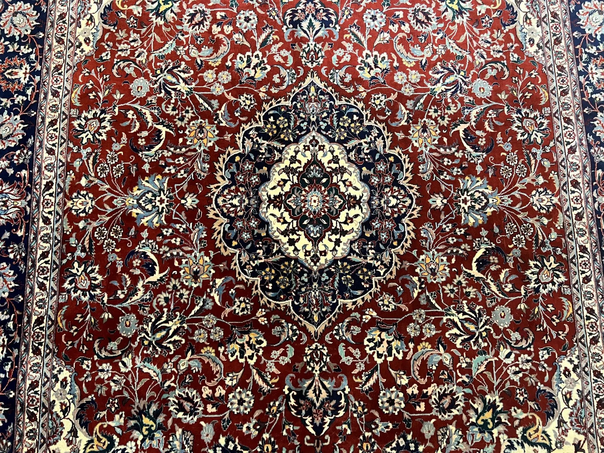 Fine Sino Persian Rug 7x10 ft, Floral Central Medallion Oriental Carpet, Red Navy Blue Cream, Hand Knotted Wool Traditional Vintage Rug by Jewel Rugs