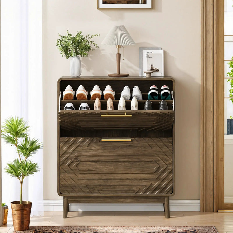 Freestanding Shoe Cabinet With 2 Flip Top Drawers For Entryway - Walnut by Unique Piece Furniture