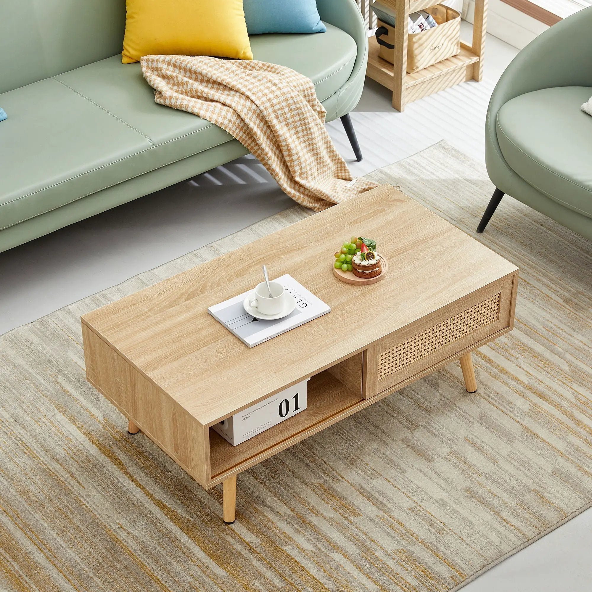 41.34" Rattan Coffee Table, Sliding Door For Storage, Solid Wood Legs, Modern Table For Living Room by Unique Piece Furniture