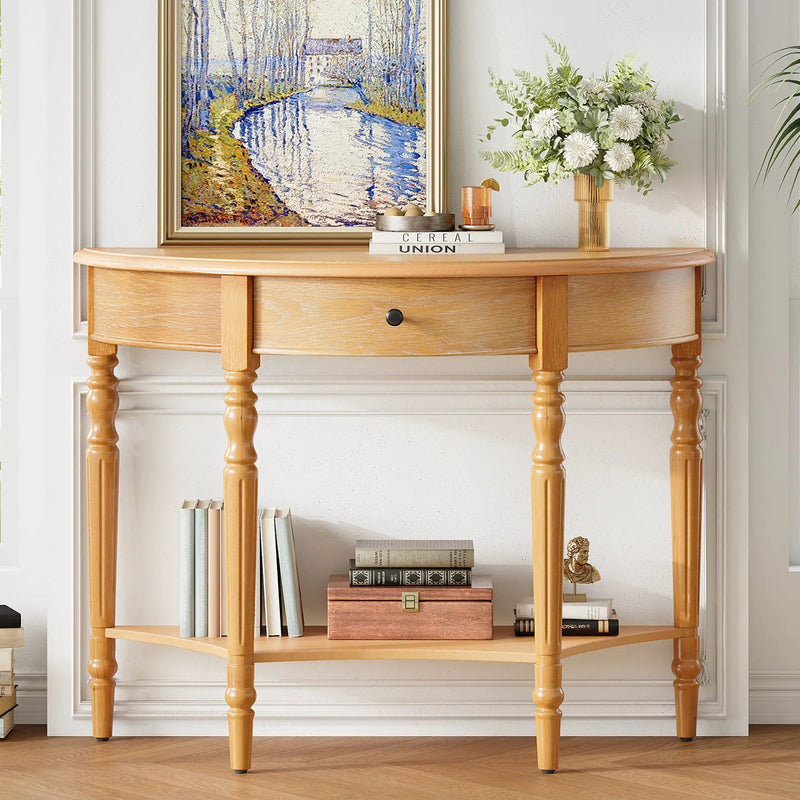TREXM Farmhouse Half Moon Console Table with Drawer & Shelf by HouseOfZazla
