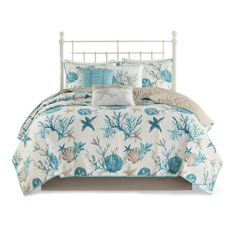 6 Piece Cotton Sateen Quilt Set with Throw Pillows Aqua King/Cal King by HouseOfZazla