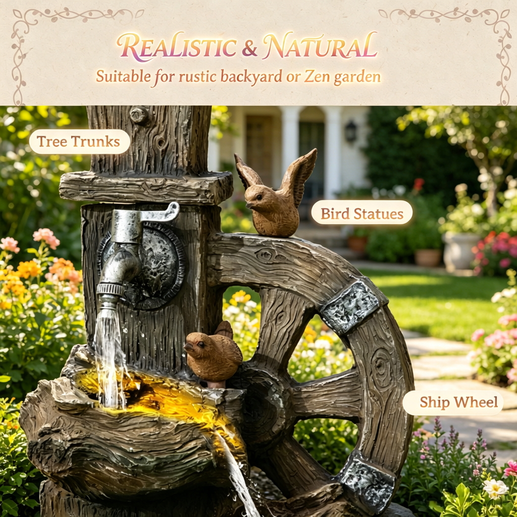 Resin Rustic Outdoor Fountain Birdhouse and Iron Tap, photo 5 of 9